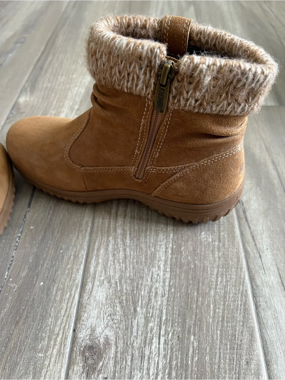 Khombu women Tan Suede Winter Boots with Knit Cuff